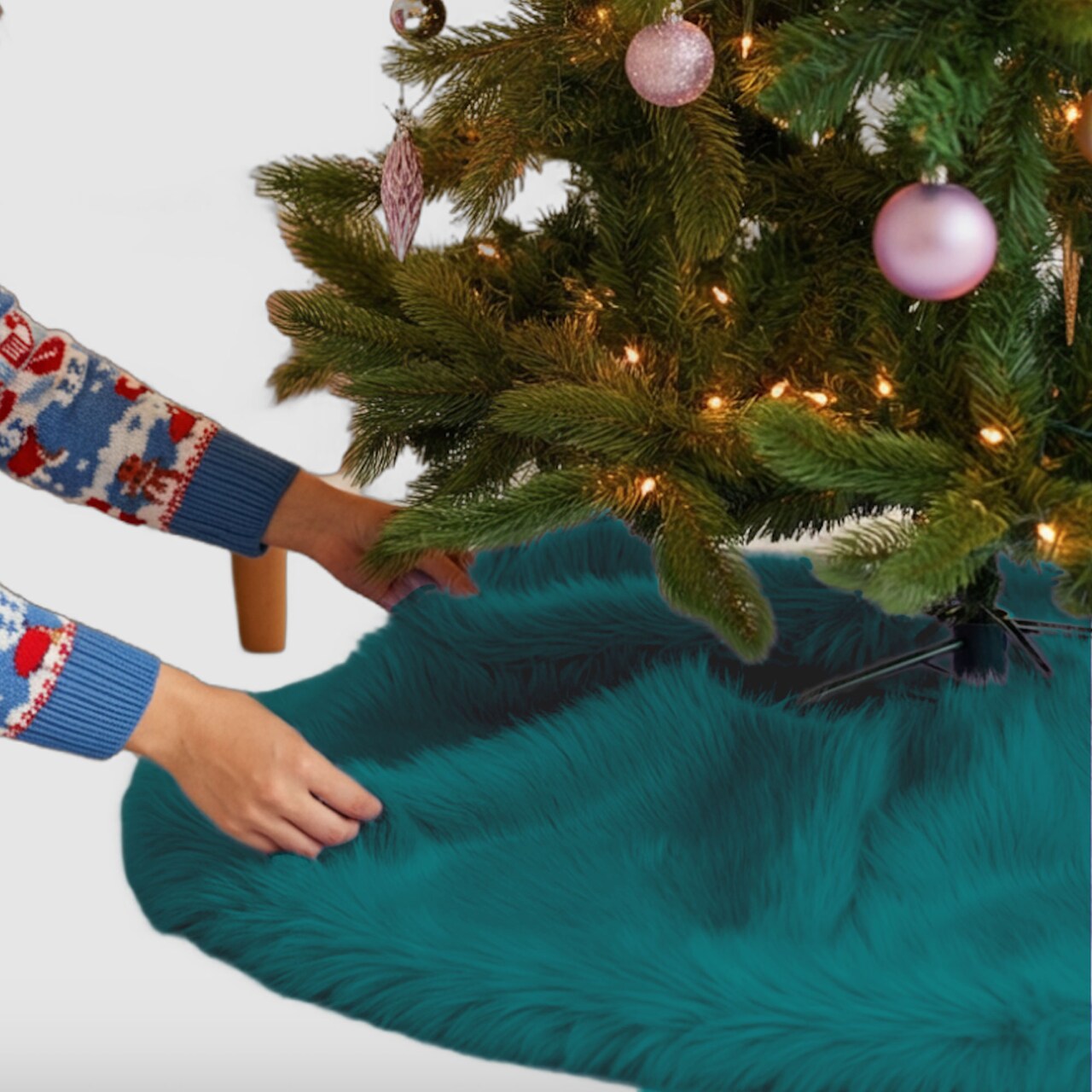 FabricLA Dk Turquoise Faux Fur Tree Skirt Cut - 60 Inches with Rounded Edges (No Backing) for Holiday Decor